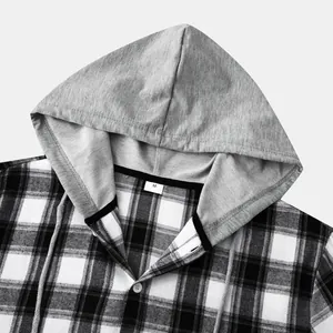Macro detail of a mens plaid hooded shirt collar and grey knit hood texture