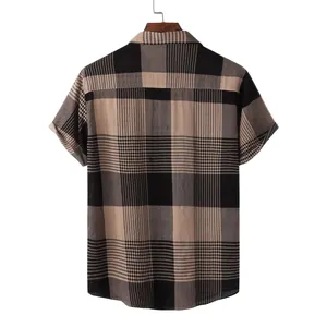 Back view of men's casual short sleeve shirt featuring a large black and beige plaid pattern