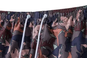 Close-up of men's beach shorts featuring a cartoon shark print and white drawstring.