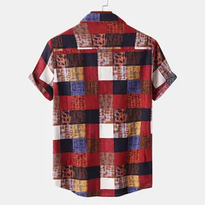 Back view of men's ethnic patchwork short sleeve casual shirt in colorful grid pattern