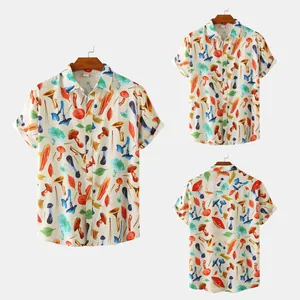 Professional multi-angle views of men's casual short-sleeve shirt with vibrant mushroom print