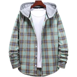 Camicia scozzese con cappuccio da uomo, vestibilità ampia e casual a maniche lunghe
