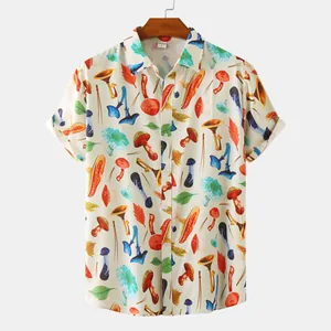 Men's short-sleeve shirt with a vibrant mushroom and leaf print on a white background