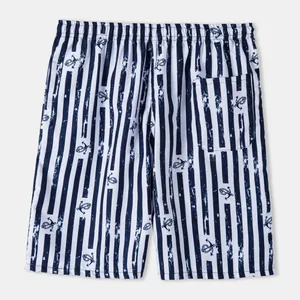 Men's striped beach shorts with blue anchor print and elastic waistband for summer