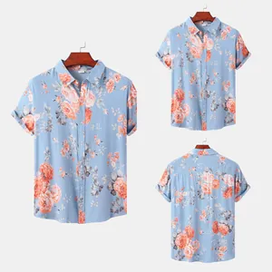 Blaues Hawaii-Hemd für Herren mit floralem Muster in Orange, Kurzarm-Sommerhemd