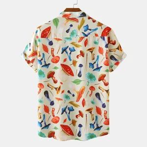 Back view of men's slim fit short sleeve shirt featuring vibrant mushroom and leaf print