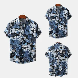 Detailed views of the front and back of blue floral print men's short-sleeve shirt