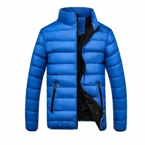 Men's blue slim fit winter puffer jacket with stand collar and zipper pockets
