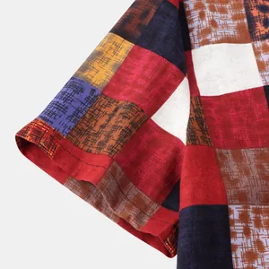 Macro view of colorful ethnic patchwork fabric texture on a casual men's shirt sleeve