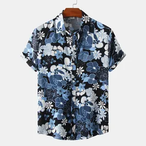 Men's casual short sleeve shirt featuring a vibrant blue and black floral hawaiian print