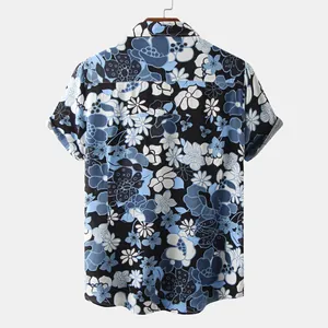 Detailed back view of men's floral print short sleeve Hawaiian shirt with blue flowers.