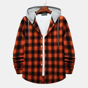 Front view of a men's orange and black hooded plaid shirt on a wooden hanger