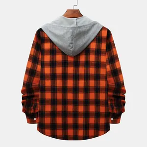 Back view of a casual men's orange and black hooded plaid shirt with a grey hoodie