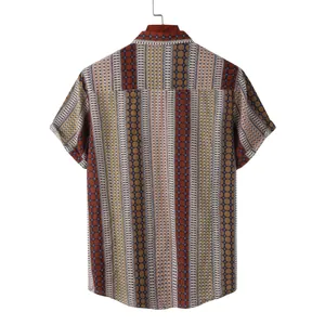 Back view of men's casual Hawaiian short sleeve shirt with vintage striped patterns