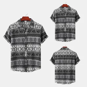 Men's short-sleeved slim-fit shirt featuring a vintage ethnic elephant and geometric pattern