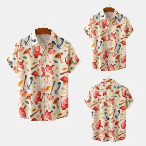 Detailed front and back views of a men's casual short-sleeved shirt with mushroom print