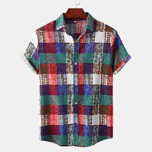 Casual men's ethnic style short sleeve shirt featuring colorful patchwork plaid pattern
