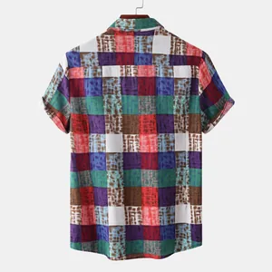Detailed back view of a vibrant multi-colored patchwork printed men's casual short sleeve shirt