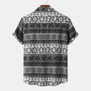 Back view of men's short sleeve shirt featuring tribal elephant and geometric prints