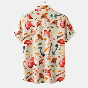Back view detail of men's casual short sleeve shirt featuring vibrant mushroom pattern