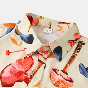 Close-up detail of a men's summer short-sleeved shirt with colorful mushroom print
