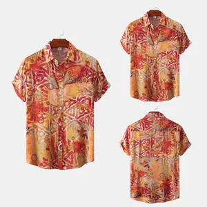 Front and back view of men's summer short sleeve shirt with abstract orange print