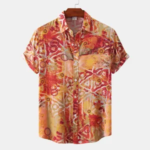 Front view of men's short-sleeve shirt with vibrant abstract tribal pattern