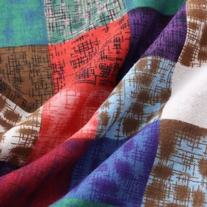 Detailed macro view of colorful ethnic patchwork print fabric for men's casual shirts