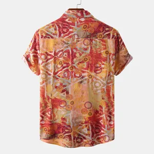 Back view of men's short sleeve shirt with vibrant ethnic abstract print pattern.