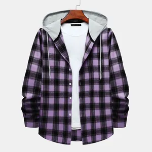 Detail view of a men's purple and black plaid hooded long-sleeve shirt