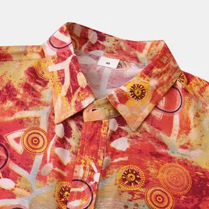 Close-up of vibrant abstract print on men's short sleeve summer floral shirt collar