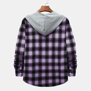 Back view of men's purple and black plaid long-sleeved shirt with gray hood detail