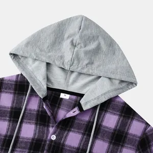 Close-up detail showing the grey hood and purple plaid pattern of this men's shirt