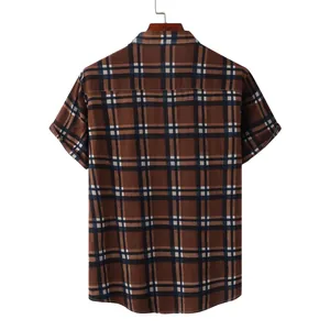 Back view of a brown plaid casual short sleeve Hawaiian shirt for men on a hanger