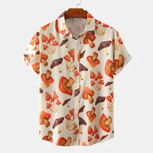 Men's casual short sleeve shirt with vintage mushroom print and button-down collar