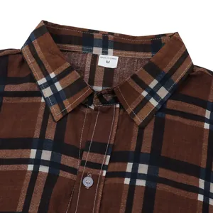 Close-up of brown plaid men's casual shirt collar and neck label with size M tag