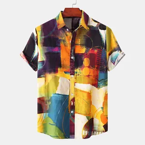 Close-up detail of artistic abstract oil painting print on men's short sleeve casual shirt