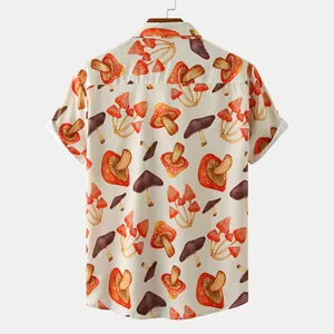 Back view of men's short sleeve casual shirt featuring a colorful mushroom print