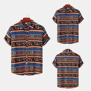 Detailed views of men's bohemian tribal print short-sleeved button-down shirt