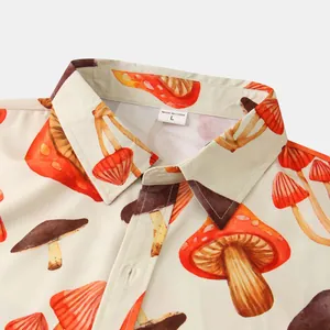 Close-up detail of mushroom print on men's slim casual short-sleeved shirt
