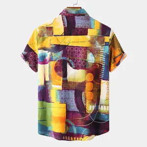 Casual men's short-sleeve shirt featuring a vibrant multi-color abstract ethnic print.