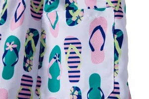 Macro view of pocket stitching on men's beach shorts with colorful flip-flop pattern