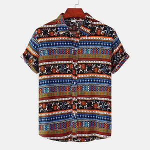 Detailed view of men's bohemian short sleeve shirt with elephant and stripe pattern