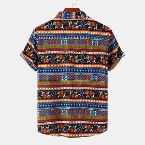 Back view of men's short sleeve shirt featuring colorful ethnic elephant and stripe prints
