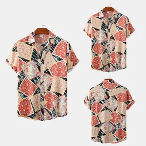 Detailed multi-angle views of men's vintage patchwork floral short sleeve button-up shirt