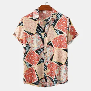 Detailed view of summer men's floral patchwork short sleeve button down shirt