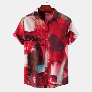 Front view of men's casual short-sleeve shirt featuring a vibrant abstract ethnic print