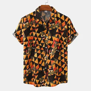 Lässiges Kurzarm-Strandhemd für Herren mit orangefarbenem geometrischem Dreiecksmuster