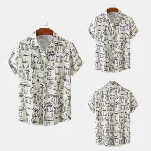 Detail layout showing front and back views of men's mushroom print casual shirt
