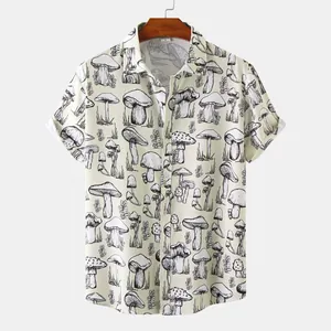 Close-up view of a men's casual short sleeve shirt featuring a vintage mushroom print